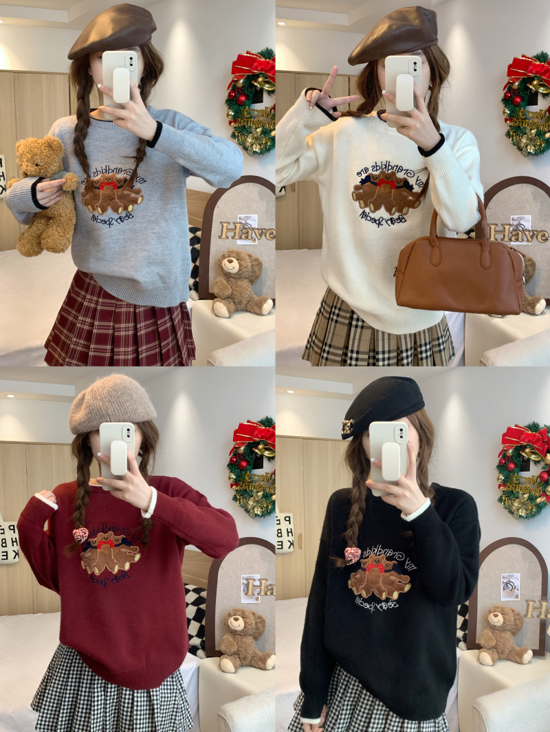 實拍 卡通小熊刺繡軟糯毛衣秋冬款寬鬆慵懶風減齡套頭針織衫