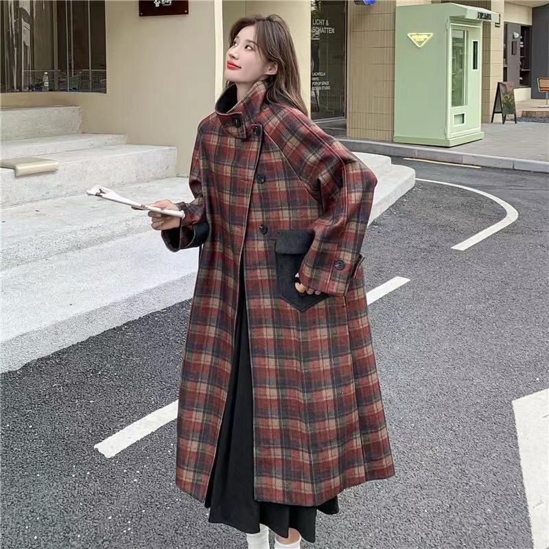 Jersey retro plaid design long coat 2023 autumn and winter new design niche loose woolen coat