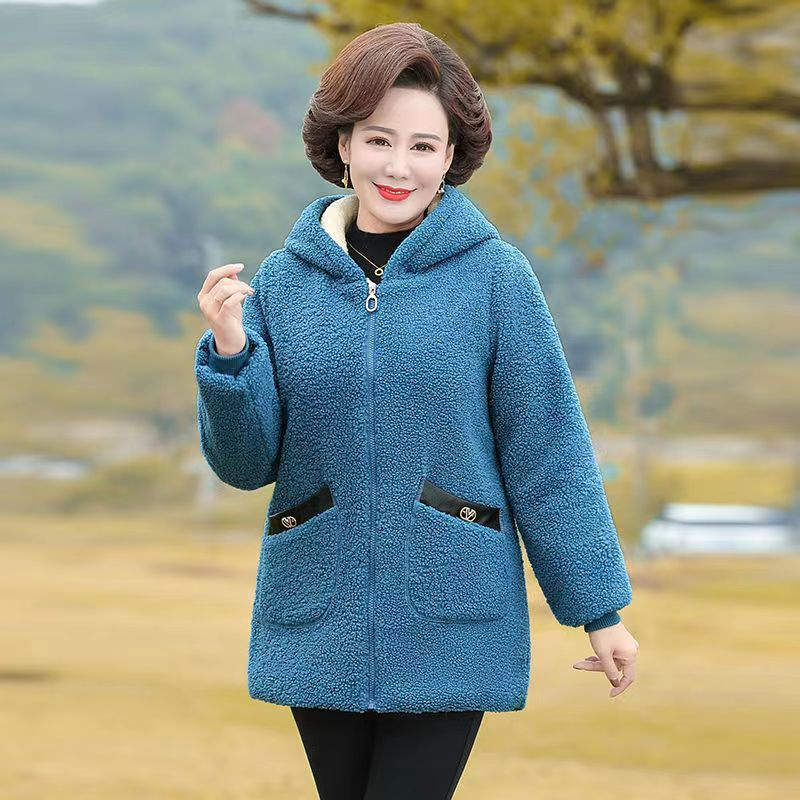 中老年羊羔絨媽媽外套女冬季新款寬鬆顯瘦加絨加厚連帽顆粒絨外套