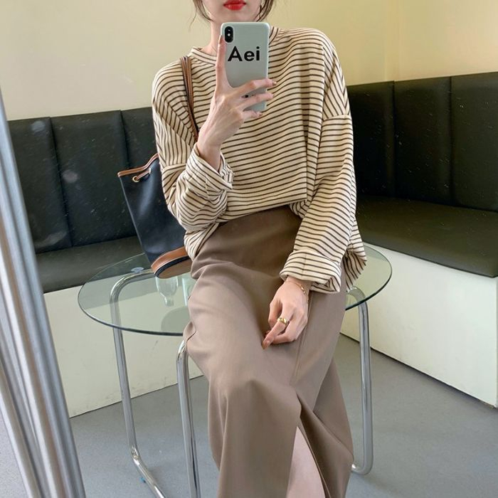 時尚超火秋裝新款條紋印花薄款圓領長袖t恤女寬鬆休閒百搭上衣潮