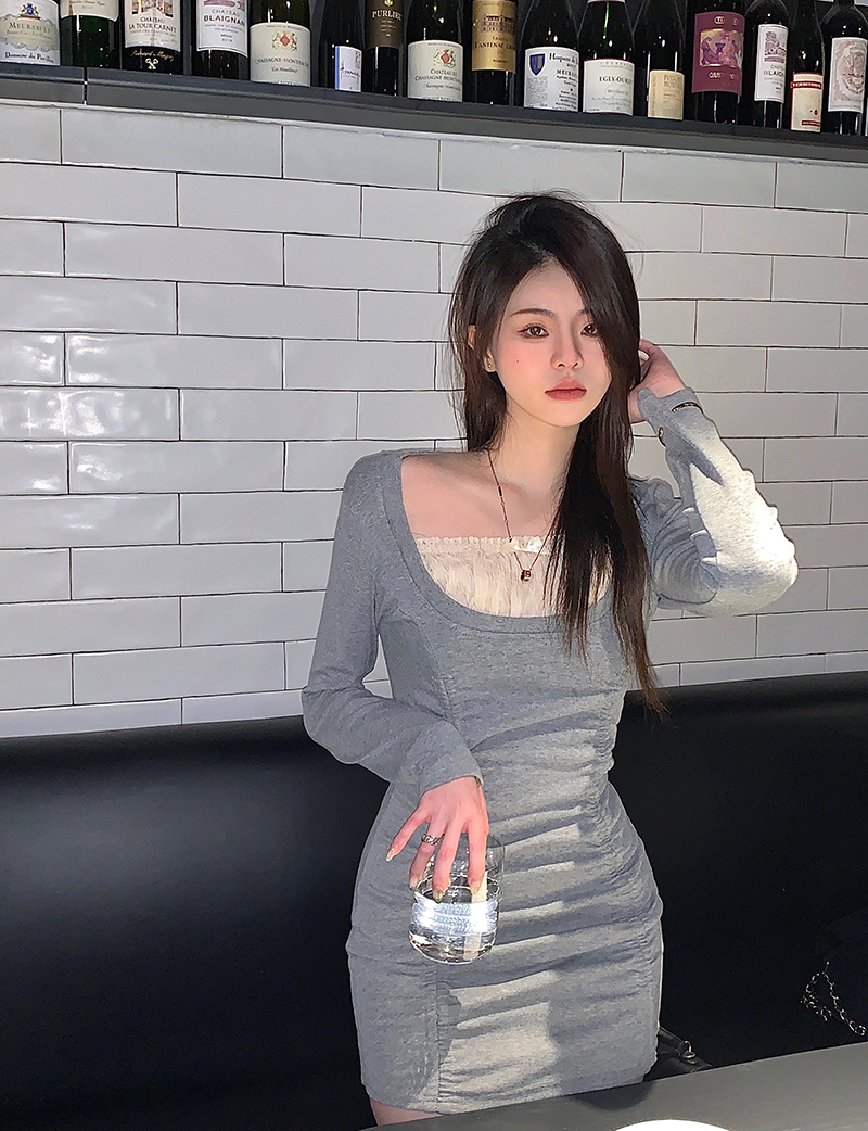 實拍三標齊小眾純欲拼紗修身T打底包臂連衣裙女