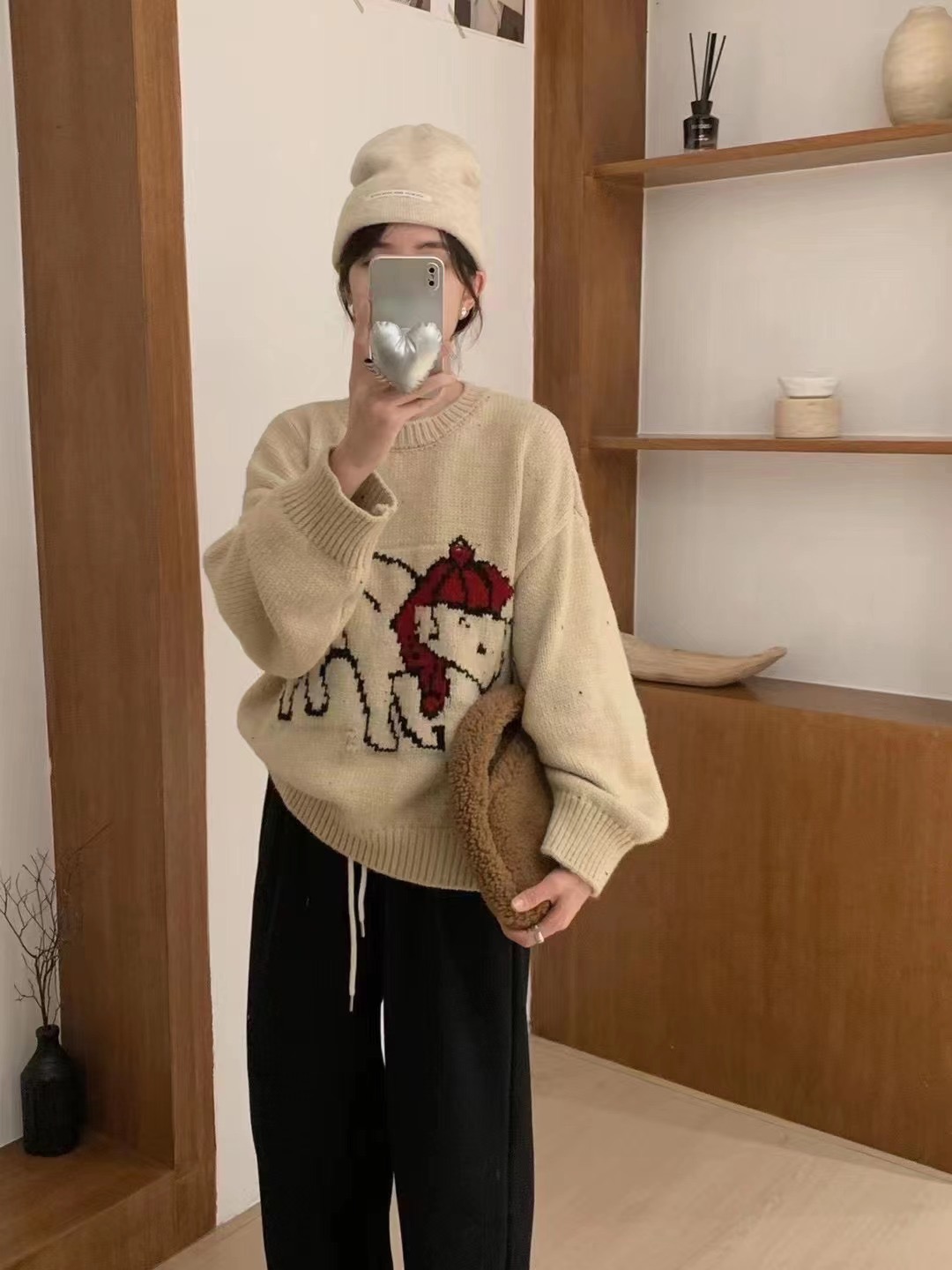 卡通紅毛小羊提花減齡套頭毛衣女2023秋冬新款寬鬆圓領針織衫上衣