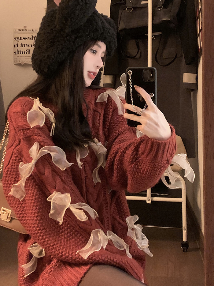 實拍~ 秋冬新款韓版寬鬆菱格紋加厚蝴蝶結紅色針織套頭毛衣女