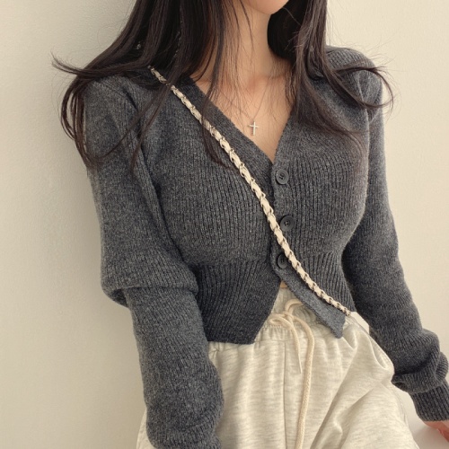 实拍大码 冬季韩版修身小个子短款针织开衫纯色V领显瘦毛衣短外套