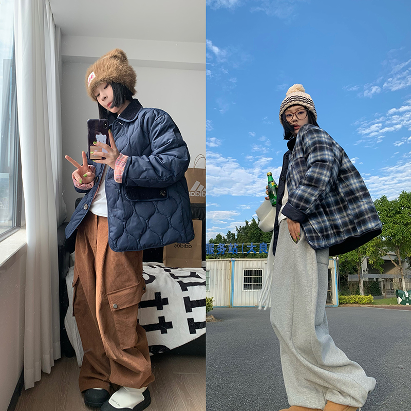 Real shot of front and back reversible rhombus pattern cotton jacket for women, brushed plaid pattern, contrasting colors, new winter style
