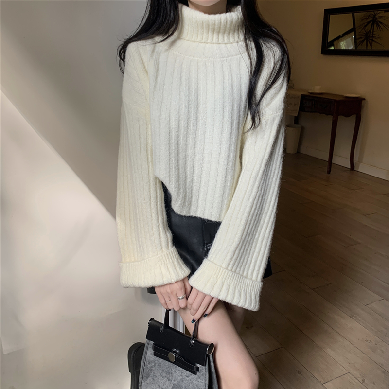 實拍  秋冬新款慵懶風復古寬鬆高領針織衫毛衣女