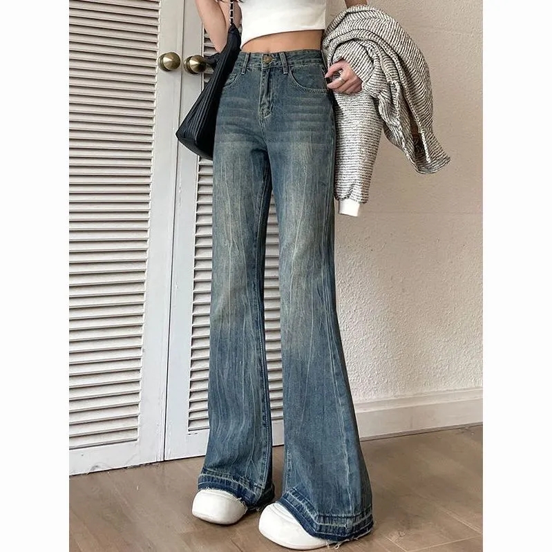 馬蹄褲美式微喇復古牛仔褲女早秋2023新款秋冬高腰顯瘦毛邊喇叭褲