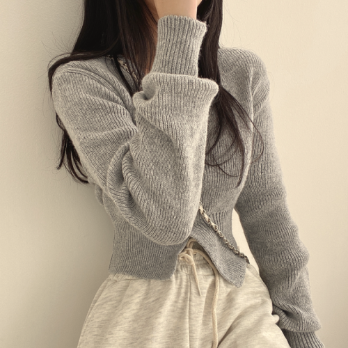 实拍大码 冬季韩版修身小个子短款针织开衫纯色V领显瘦毛衣短外套