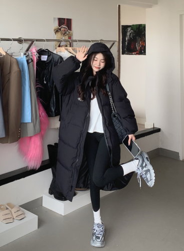 Actual shot of black long cotton padded coat, thickened knee-length loose hooded cotton coat