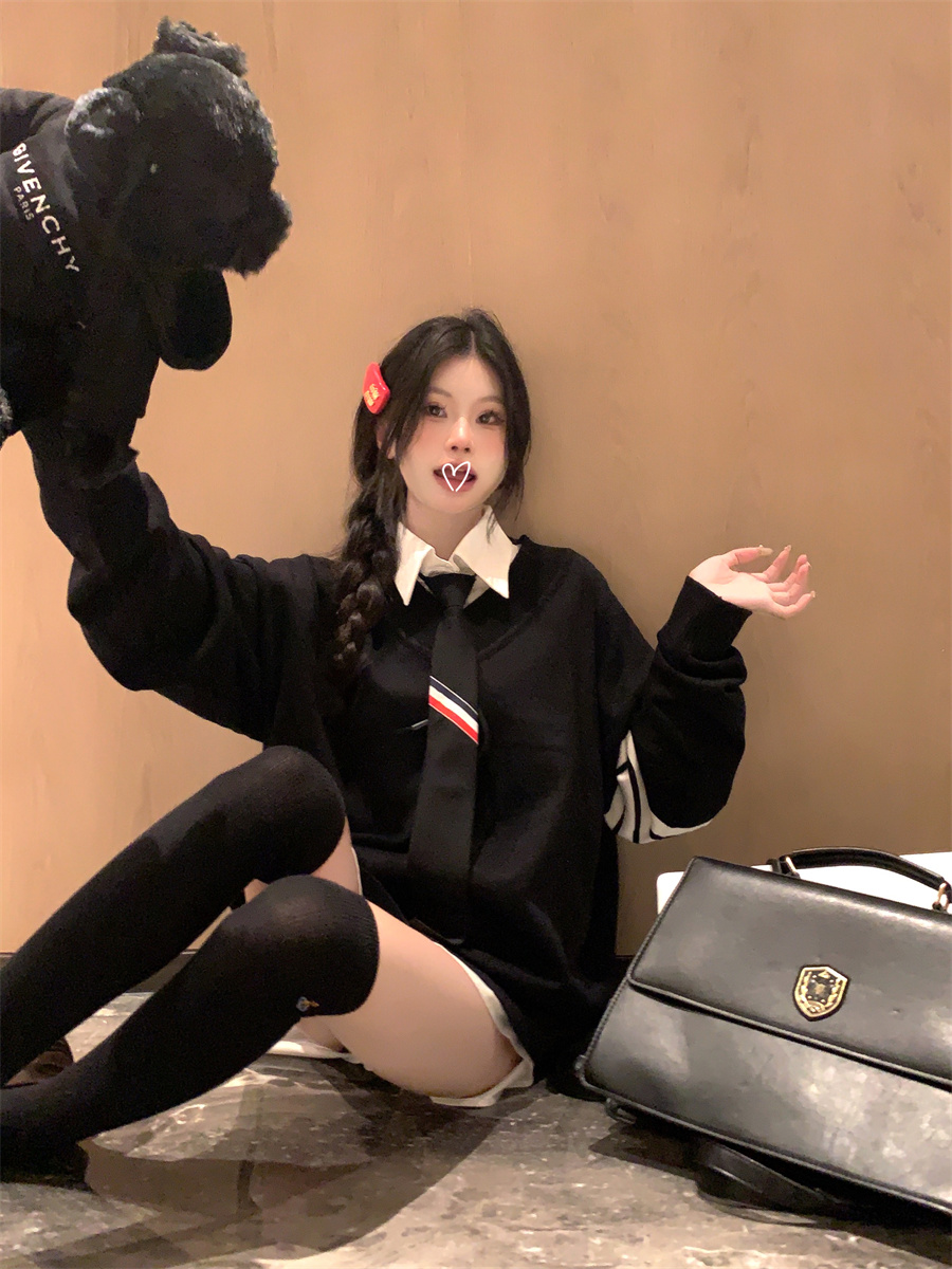 實拍 學院風套裝女減齡V領針織衫＋白襯衫休閒甜妹兩件套女