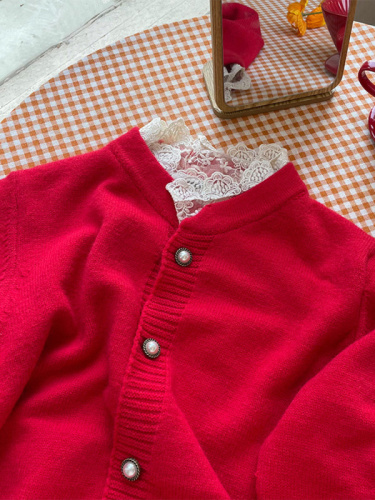 圣诞红色毛衣外套女秋冬新款假两件针织开衫蕾丝边打底衫上衣