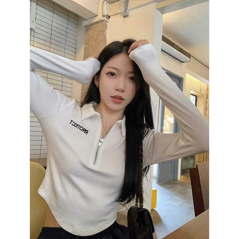 Polo collar T-shirt women's summer 2023 new retro slim slim letter print zipper short long-sleeved top