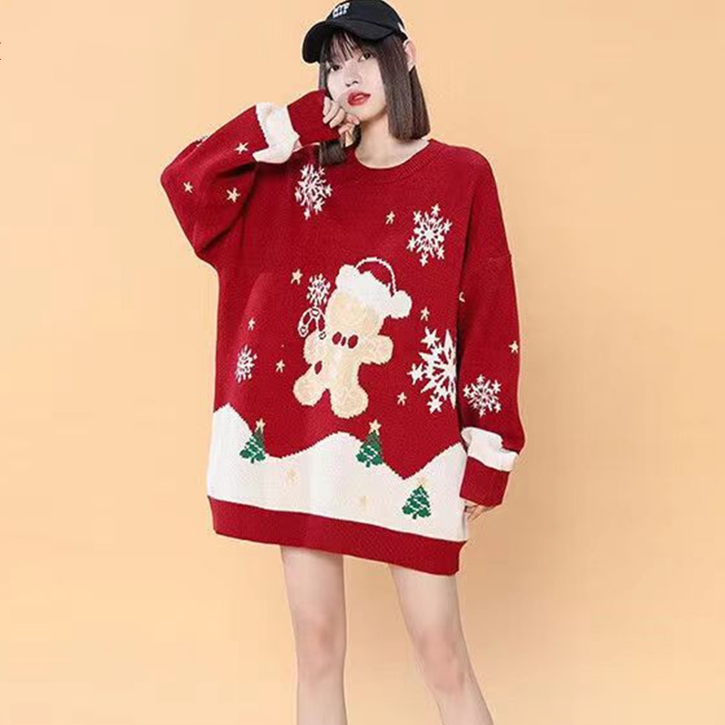 Christmas themed sweater women's round neck sweater women's 2023 new autumn and winter versatile lazy style pullover bottoming shirt trendy