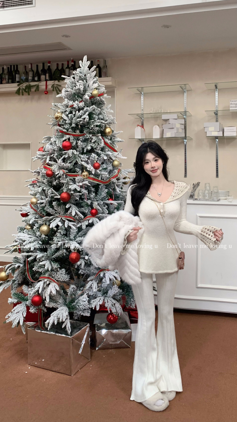 實拍 愛意秋風起/溫柔減齡針織套裝女修身毛衣微喇長褲兩件套