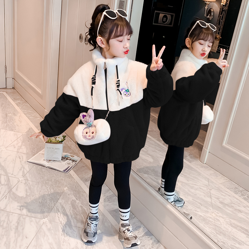 女童羊羔絨外套2023秋冬新款洋氣兒童毛毛衣加絨加厚中大童上衣潮