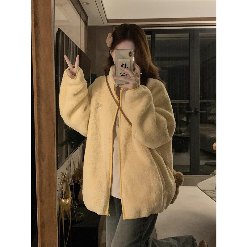 Fufu cute lamb wool cotton coat women's autumn and winter Korean style loose student warm thickened plush cotton coat