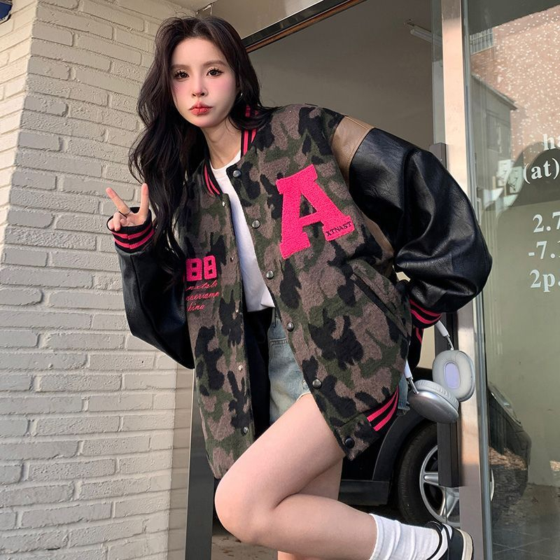 American retro baseball uniform jacket girl ins trend 2023 new student camouflage loose casual Harajuku jacket