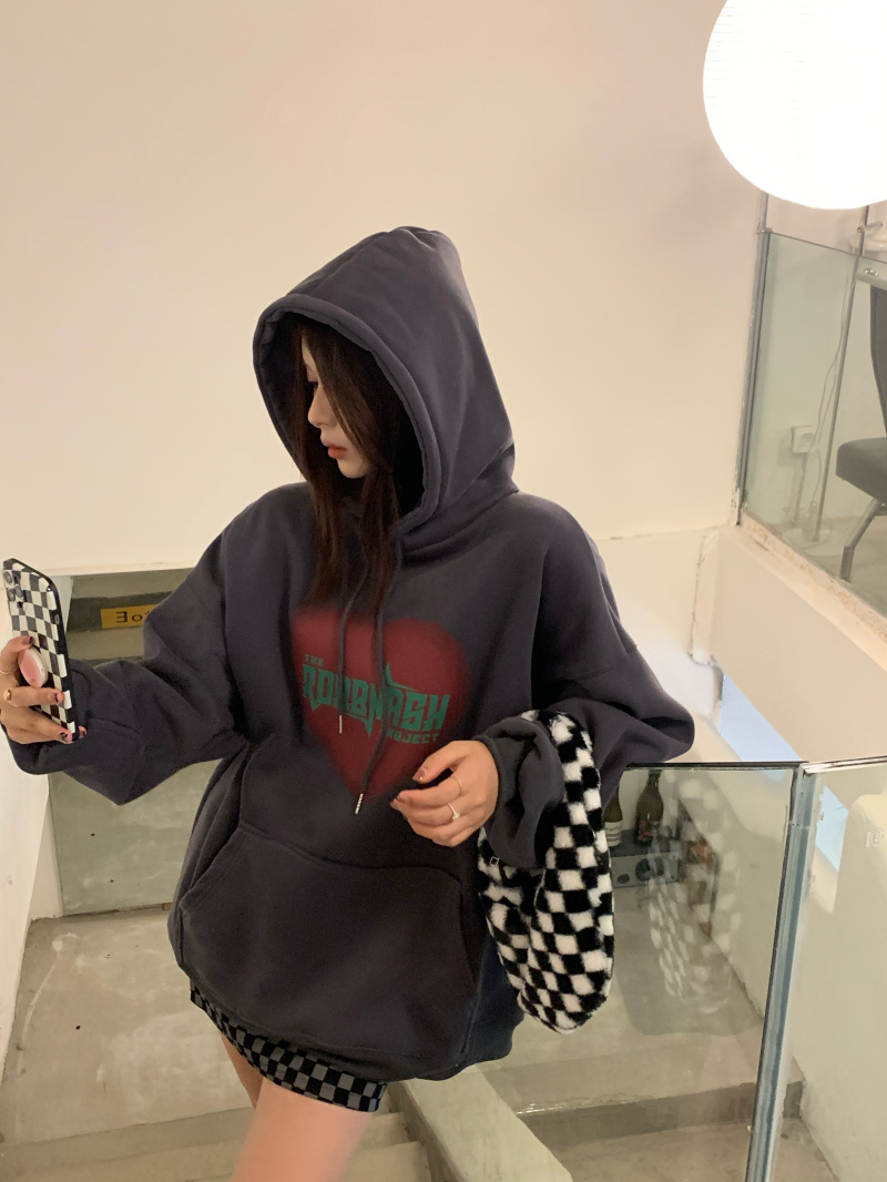 實拍韓版秋冬新款寬鬆顯瘦復古連帽加絨加厚衛衣