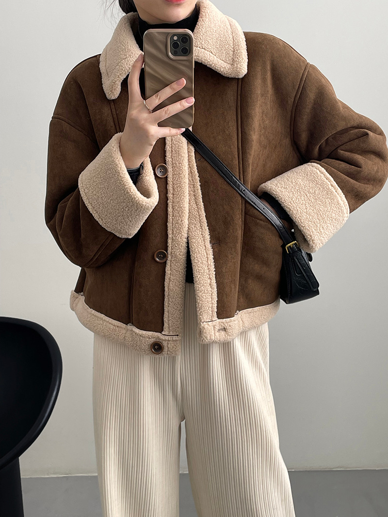 Actual shot ~ Retro fur one-piece suede jacket for women winter thickened lapel motorcycle jacket top