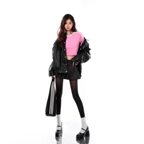 High street handsome black leather jacket for women, national fashion brand, high-end street casual, loose and handsome motorcycle leather jacket