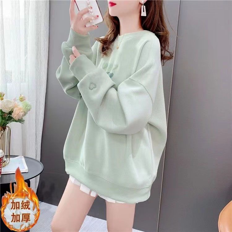 新款秋冬圓領愛心衛衣女加絨加厚韓版慵懶風小個子百搭上衣潮