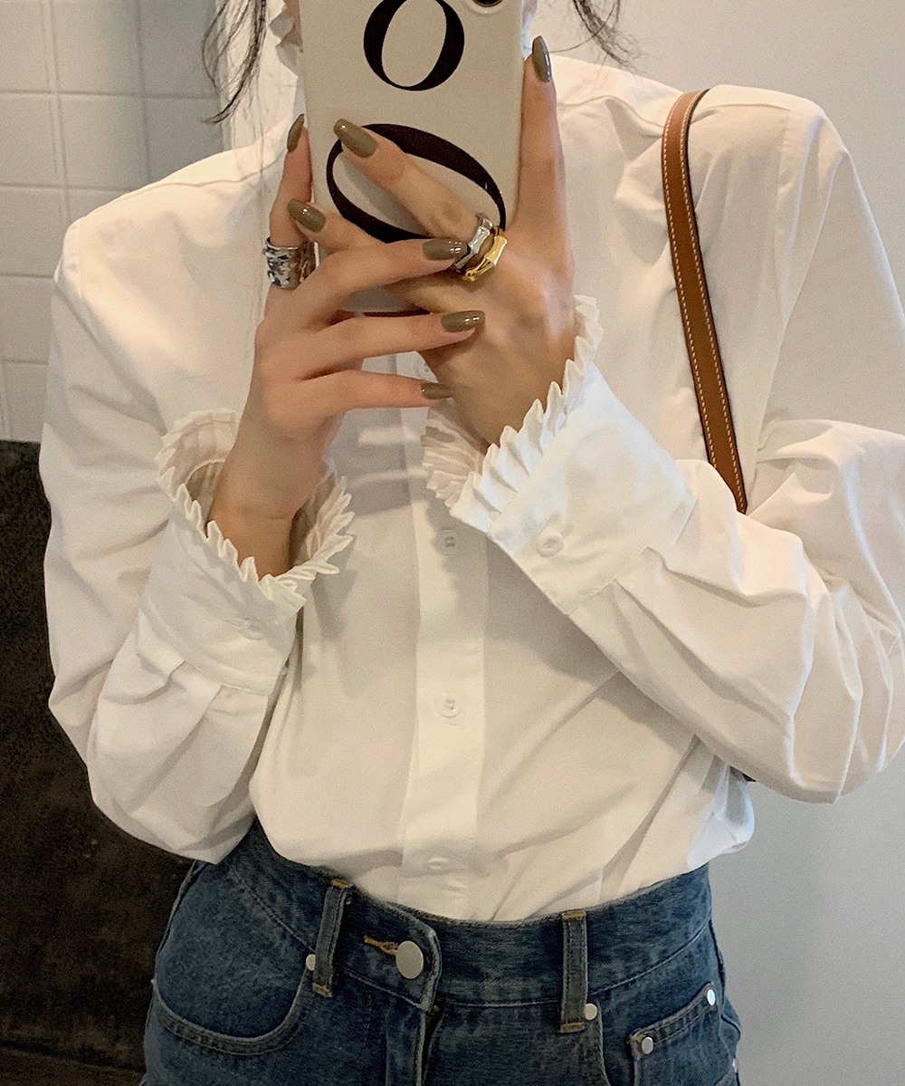 Women's design niche French shirt on the left 2023 autumn and winter new half turtleneck pure cotton stand collar white shirt