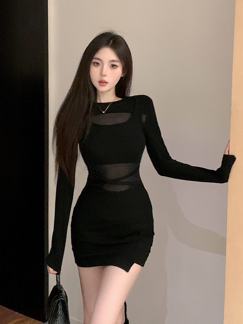 實拍  辣妹設計感網紗拼接長袖連衣裙女性感收腰顯瘦包臀短裙