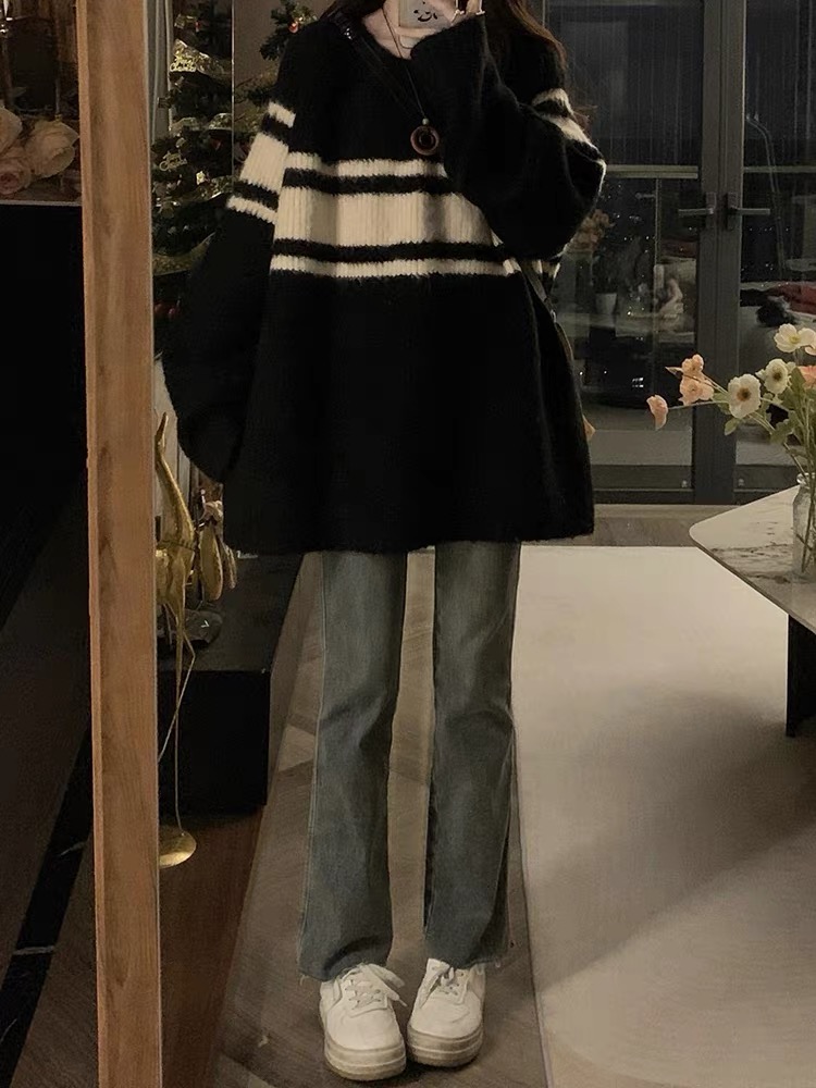 fayeye自製 設計感加厚黑色條紋毛毛上衣女輕熟拼色套頭別致毛衣