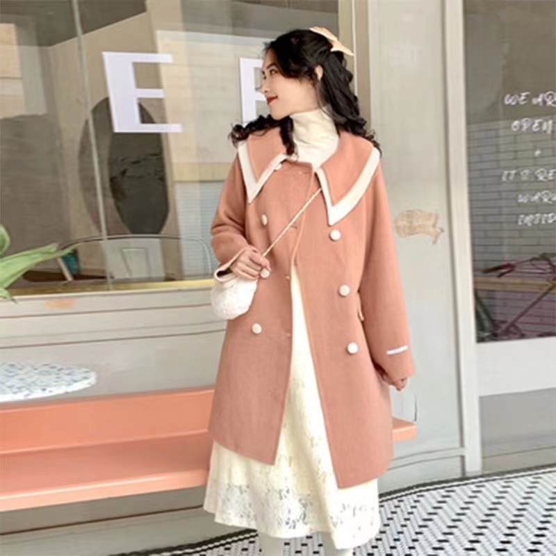 Double-breasted Hepburn style coat for women, autumn and winter new style British woolen coat for women, mid-length Korean style loose coat