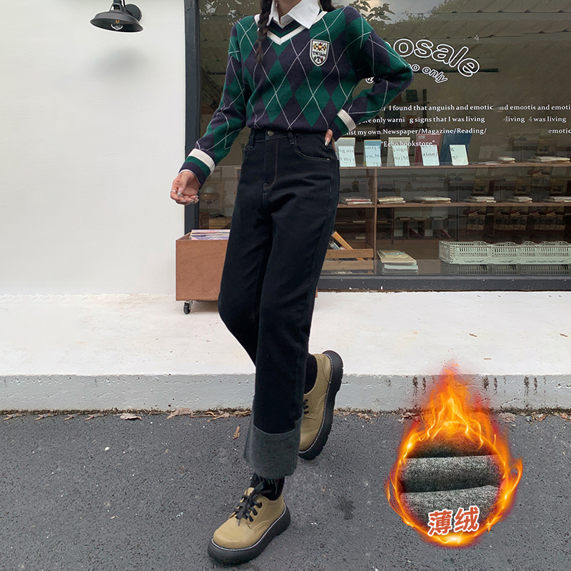 實拍復古高腰翻邊直筒褲修身顯瘦煙管褲彈力薄絨牛仔褲女九分長褲