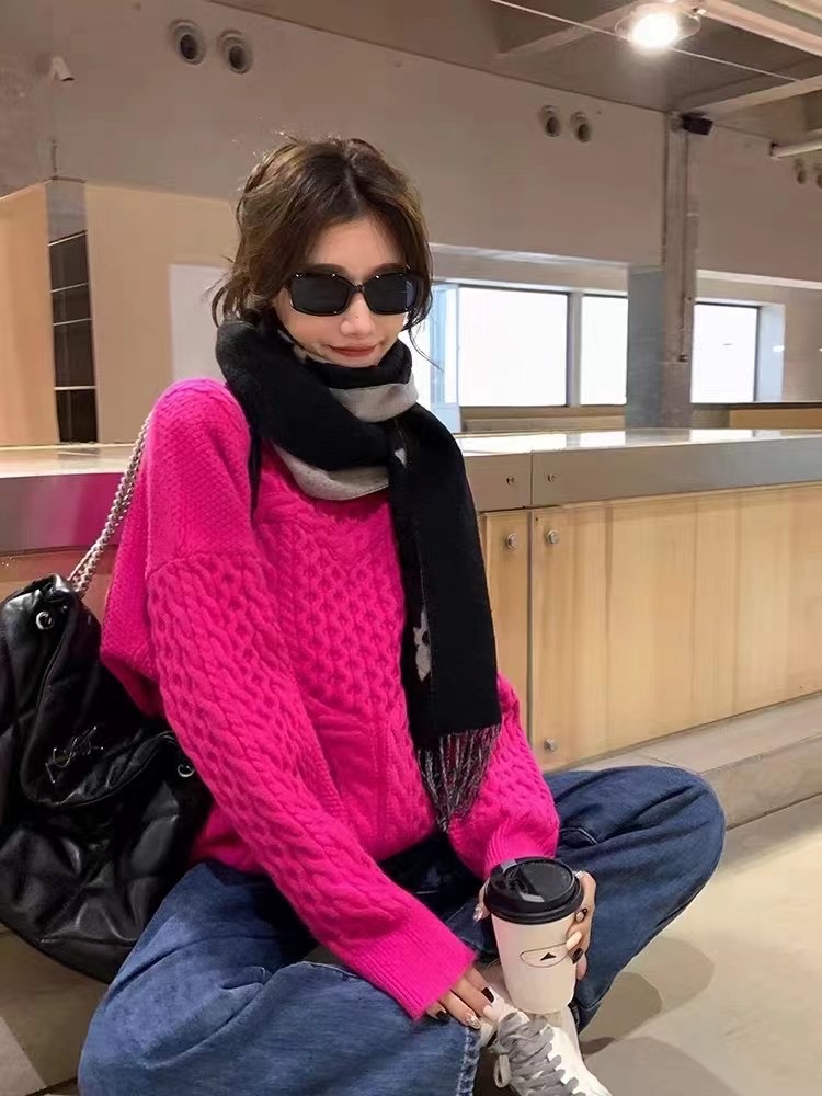 玫粉色愛心重工粗針麻花毛衣女冬季高級感百搭氣質減齡套頭上衣