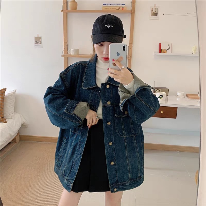 春秋2023新款韓版復古牛仔外套女原宿港風寬鬆中長款夾克長袖上衣