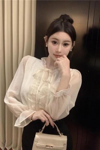 Real shot of lace chiffon shirt French pleated fungus lace-up stand-up collar long-sleeved shirt for women's autumn and winter inner wear