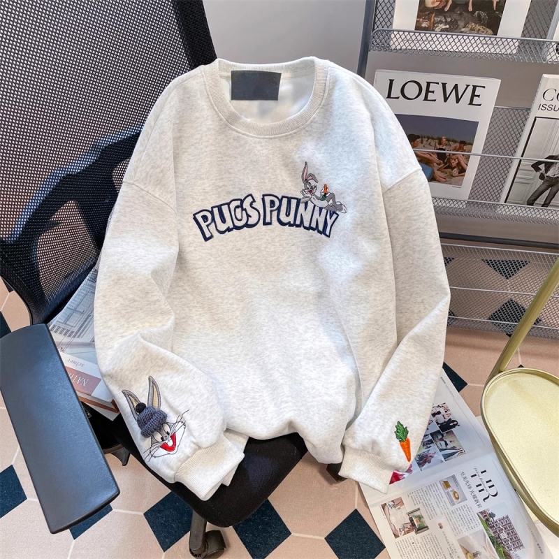 灰色超好看立體刺繡兔子衛衣女春秋季寬鬆小個子減齡洋氣正肩上衣