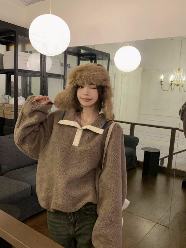 軟糯羊羔毛時尚休閒女秋冬新款寬鬆加絨加厚衛衣韓版復古慵懶立領