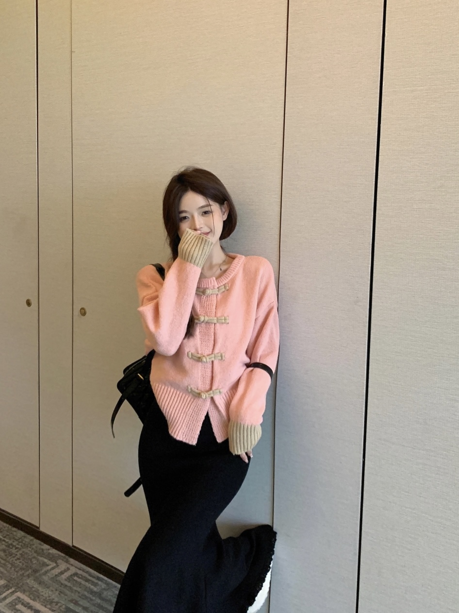 實拍 復古新中式慵懶風軟糯盤扣毛衣外套+加厚魚尾針織半身裙