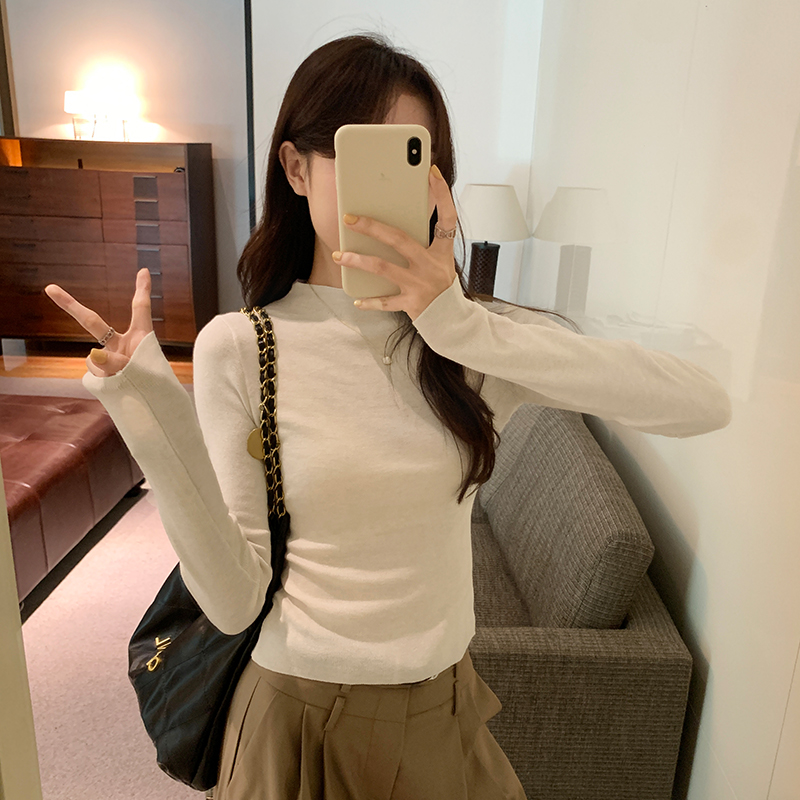 實拍圖薄款圓領長袖針織衫女秋冬2023年新款軟糯彈力內搭打底上衣