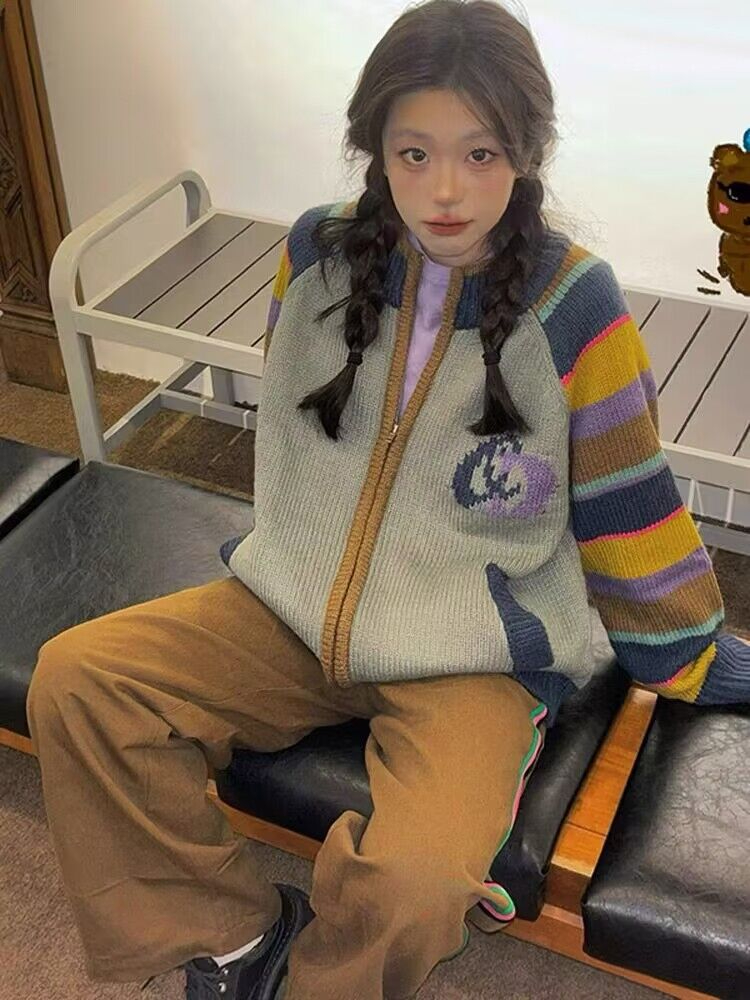 條紋拉鏈毛衣外套女秋冬針織衫上衣