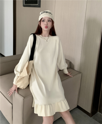 实拍 秋冬~2023年韩版件减龄荷叶边长袖连衣裙女纯色宽松