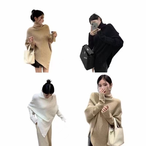 韩版高领不规则毛衣女秋冬新款设计感外穿加厚中长款针织上衣