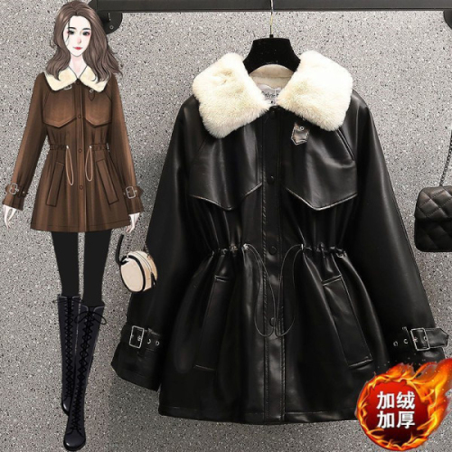 Plus size women's winter new fashion temperament waisted fur all-in-one motorcycle plus velvet leather jacket