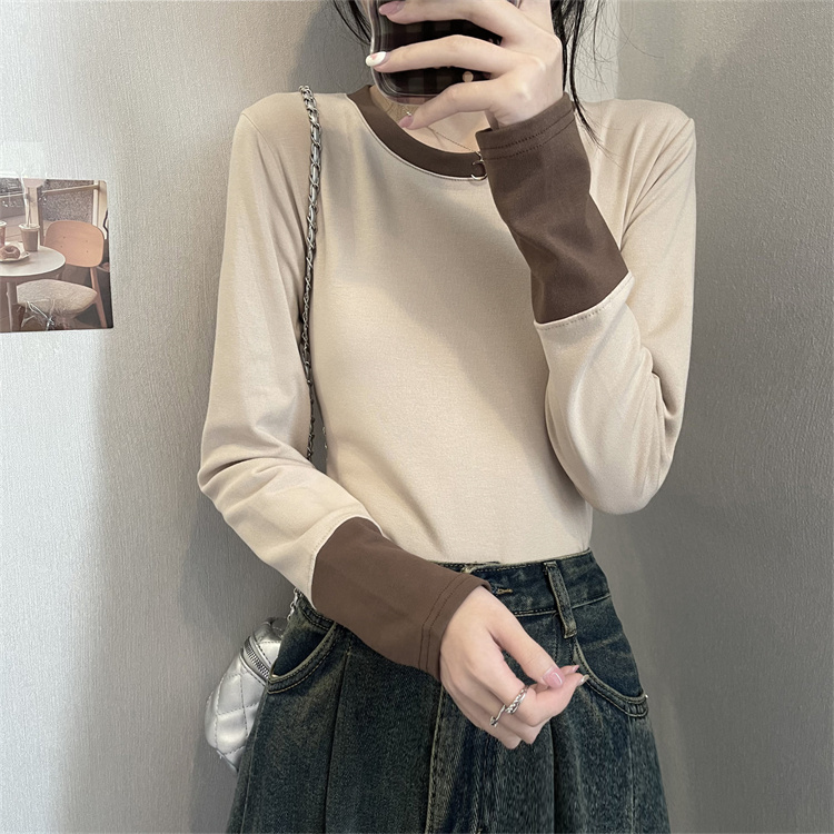 實拍秋冬新款洋氣獨特上衣軟糯加厚拼色毛衣打底衫女內搭