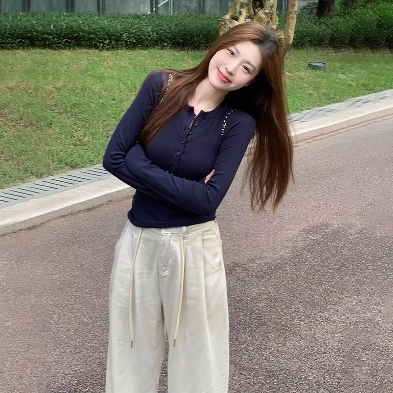 2023新款秋冬裝長袖t恤女早秋季內搭打底衫薄款針織衫修身短上衣