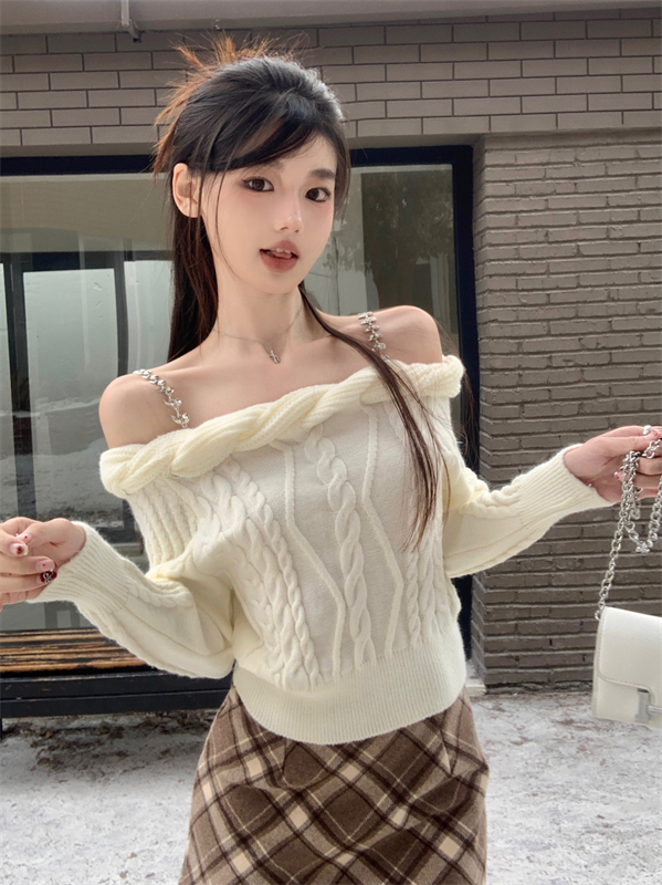 實拍秋冬新款設計感一字肩別致奶呼呼軟糯針織打底衫絕美內搭