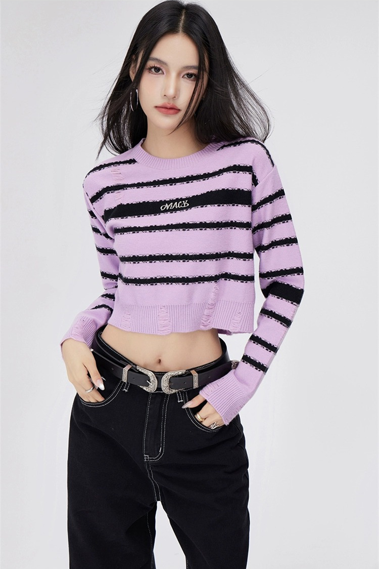 破壞條紋短款毛衣女秋季新款寬鬆修身顯瘦時尚休閒上衣