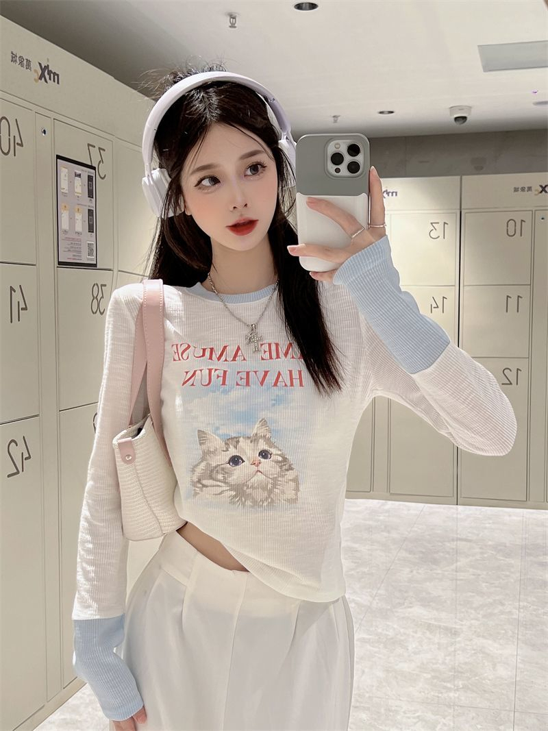 Sweet hot girl cat print long-sleeved T-shirt for women early autumn pure lusty style slimming design contrasting color short top