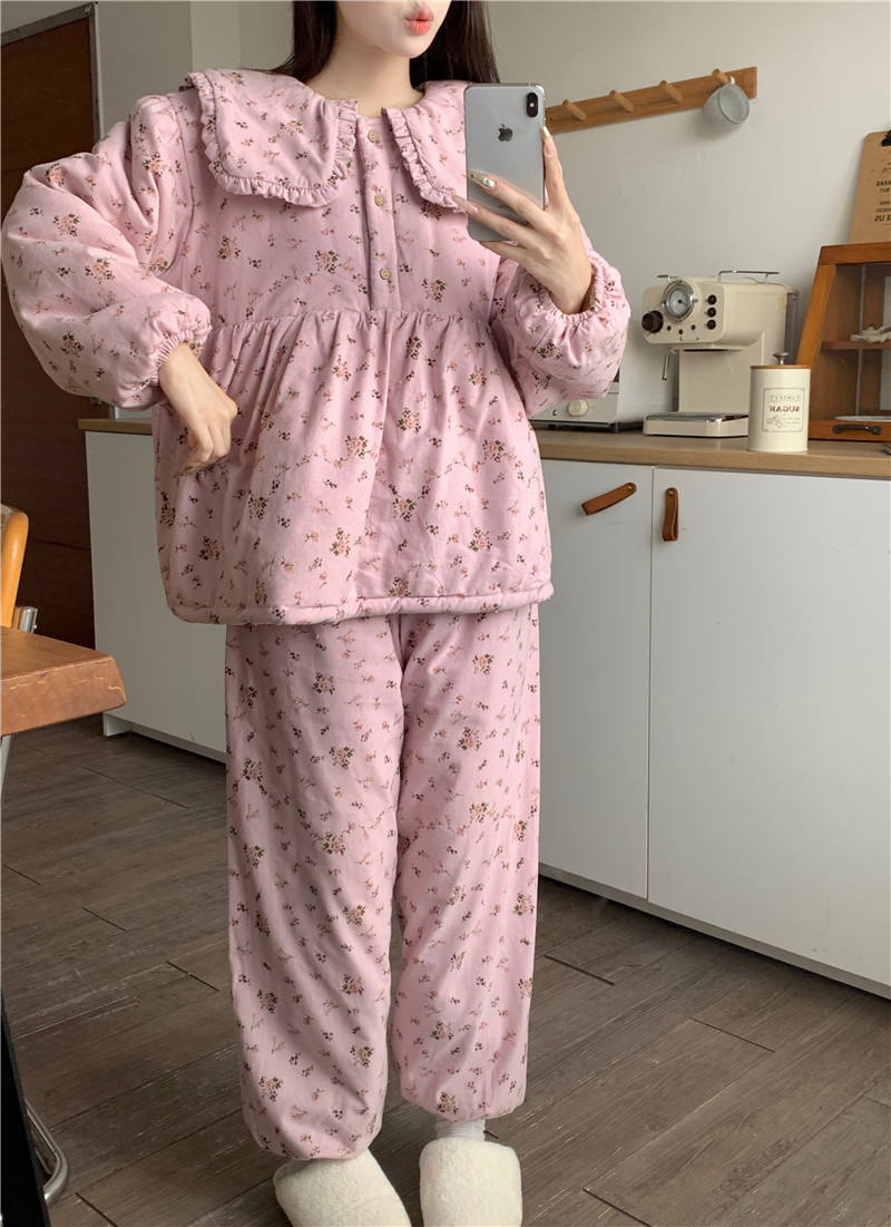 實拍韓版冬季保暖甜美復古田園小碎花加絨加厚大翻領家居服套