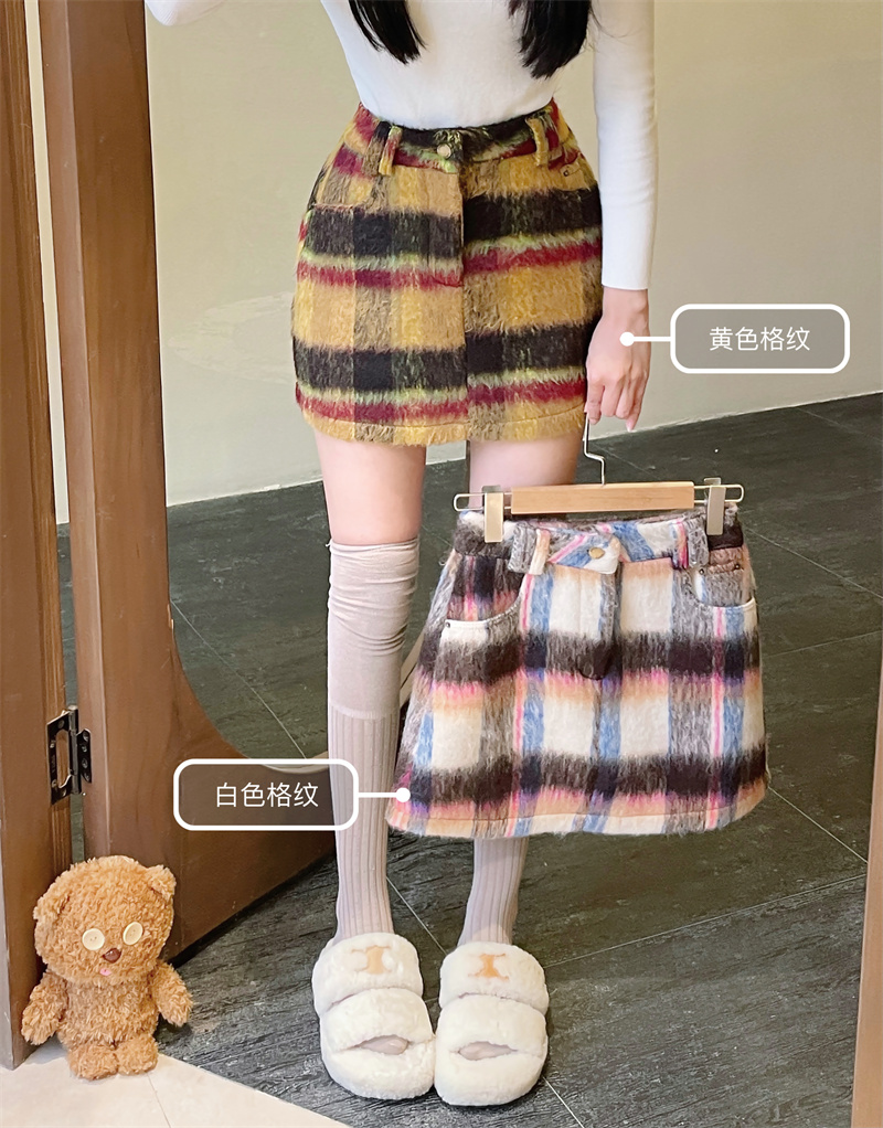 實拍 辣妹美式復古格紋毛呢半身裙打底短裙修身包臀裙a字裙子
