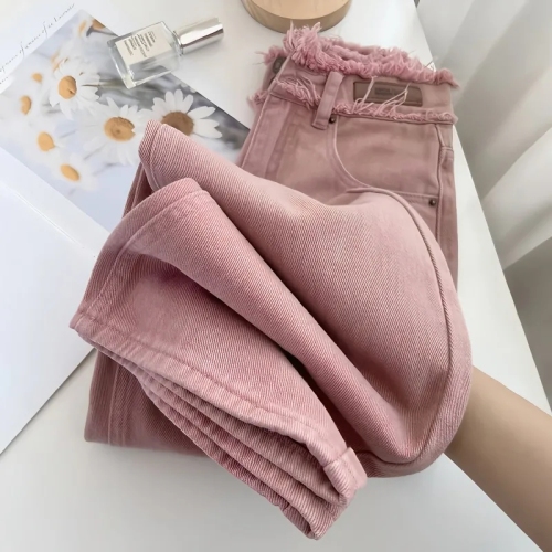 Dirty pink straight high waist jeans for women 2023 new autumn and winter niche design raw edge wide leg loose floor mopping pants