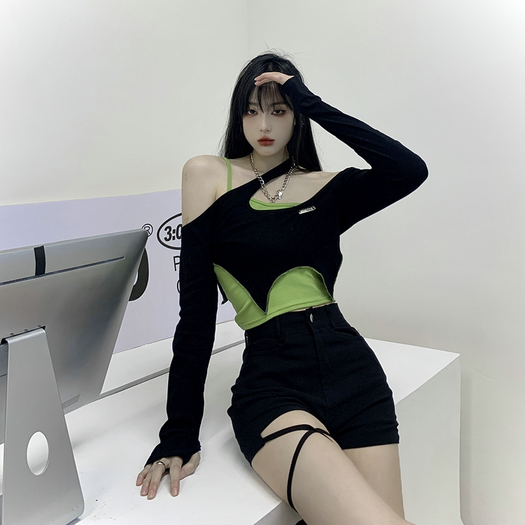 不規則露肩長袖T恤女秋季款純欲辣妹性感緊身時尚兩件套小眾上衣